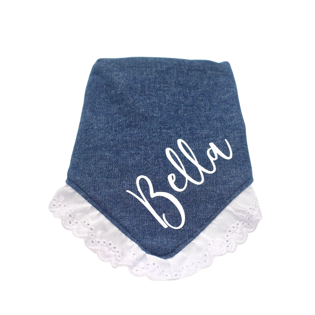 Denim and Lace Dog Bandana with Soft Macrame Cord Tie Closure- FREE PERSONALIZATION