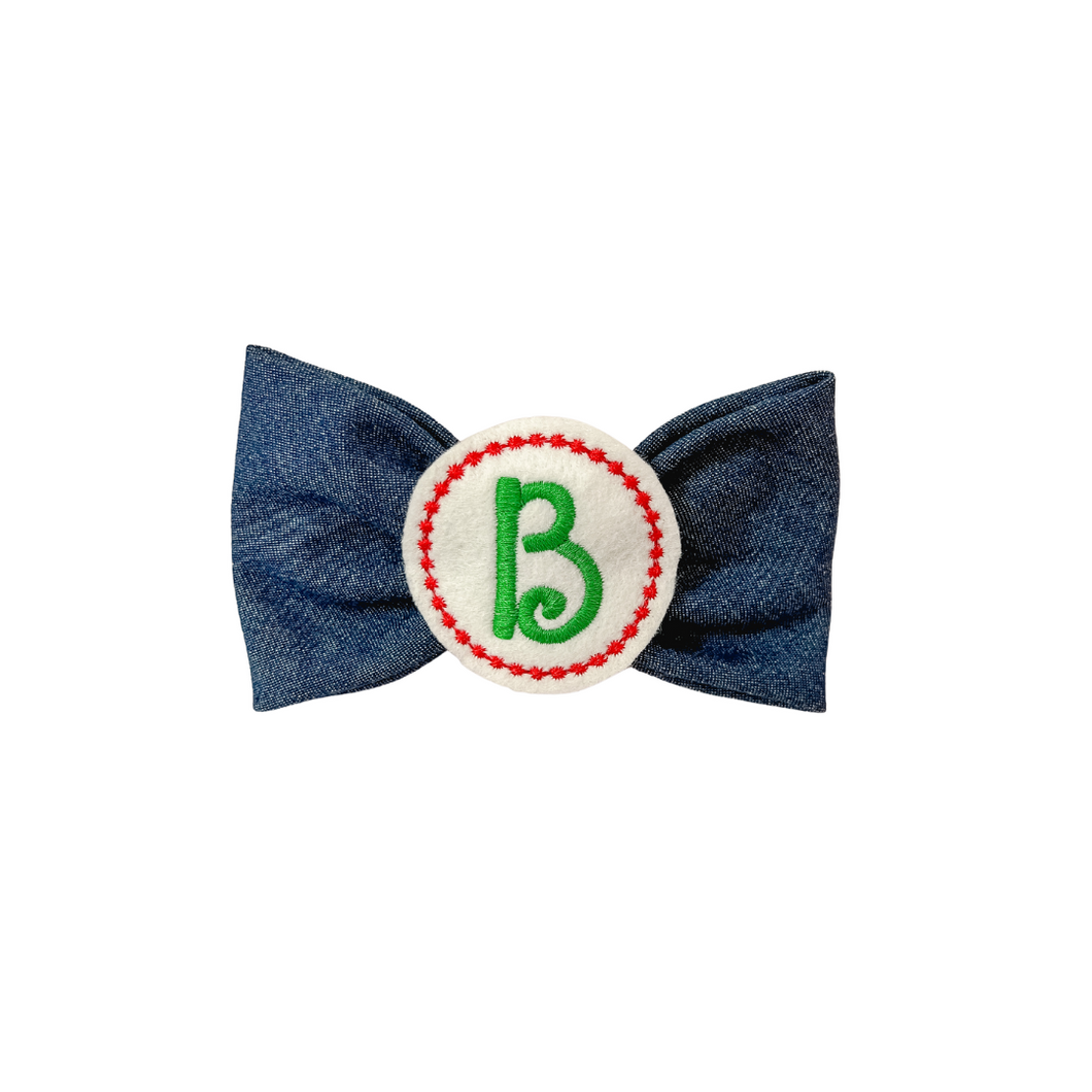 Denim Embroidered Circle Letter Bow Tie made with Alligator hair clip, over the collar or elastic headband