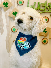 Load image into Gallery viewer, Lucky Retro Clover dog bandana with soft macrame cord tie closure available with or without white pom trim.
