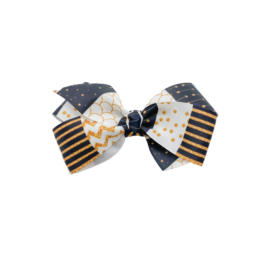 Gold Patterned 1.5 Grosgrain Hairbow  Made with an  Alligator  Hairclip or elastic headband