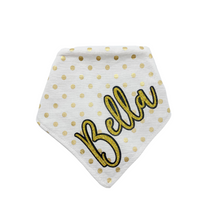 Load image into Gallery viewer, Gold and White Polka Dot Dog Bandana with soft macrame cord tie closure
