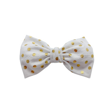 Load image into Gallery viewer, White with Gold Polka Dot Bow Tie made with  Alligator hair clip, over the collar or elastic headband
