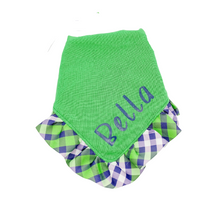Load image into Gallery viewer, Green and Navy Plaid Ruffle Bandana with Soft Macrame Cord Tie Closure and Optional Matching Hairbow
