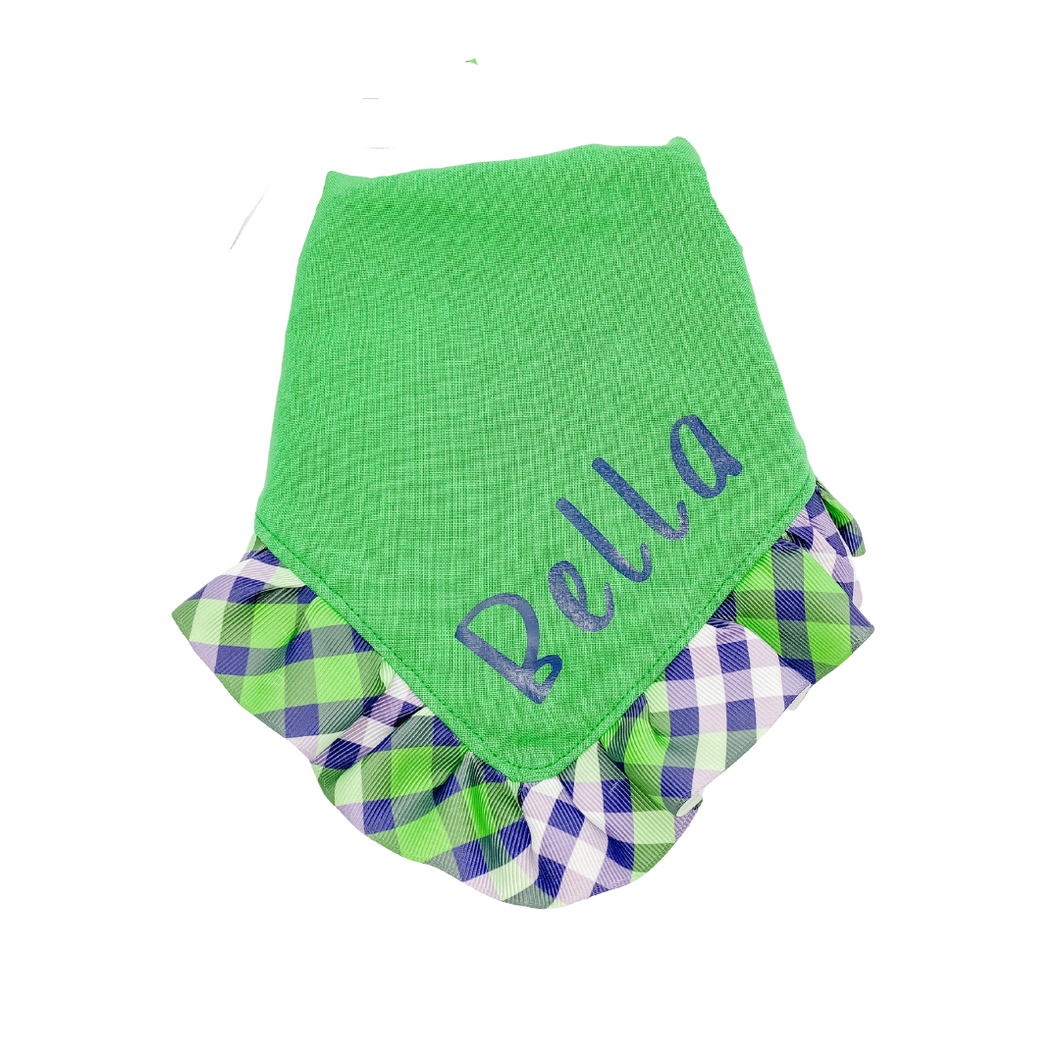 Green and Navy Plaid Ruffle Bandana with Soft Macrame Cord Tie Closure and Optional Matching Hairbow