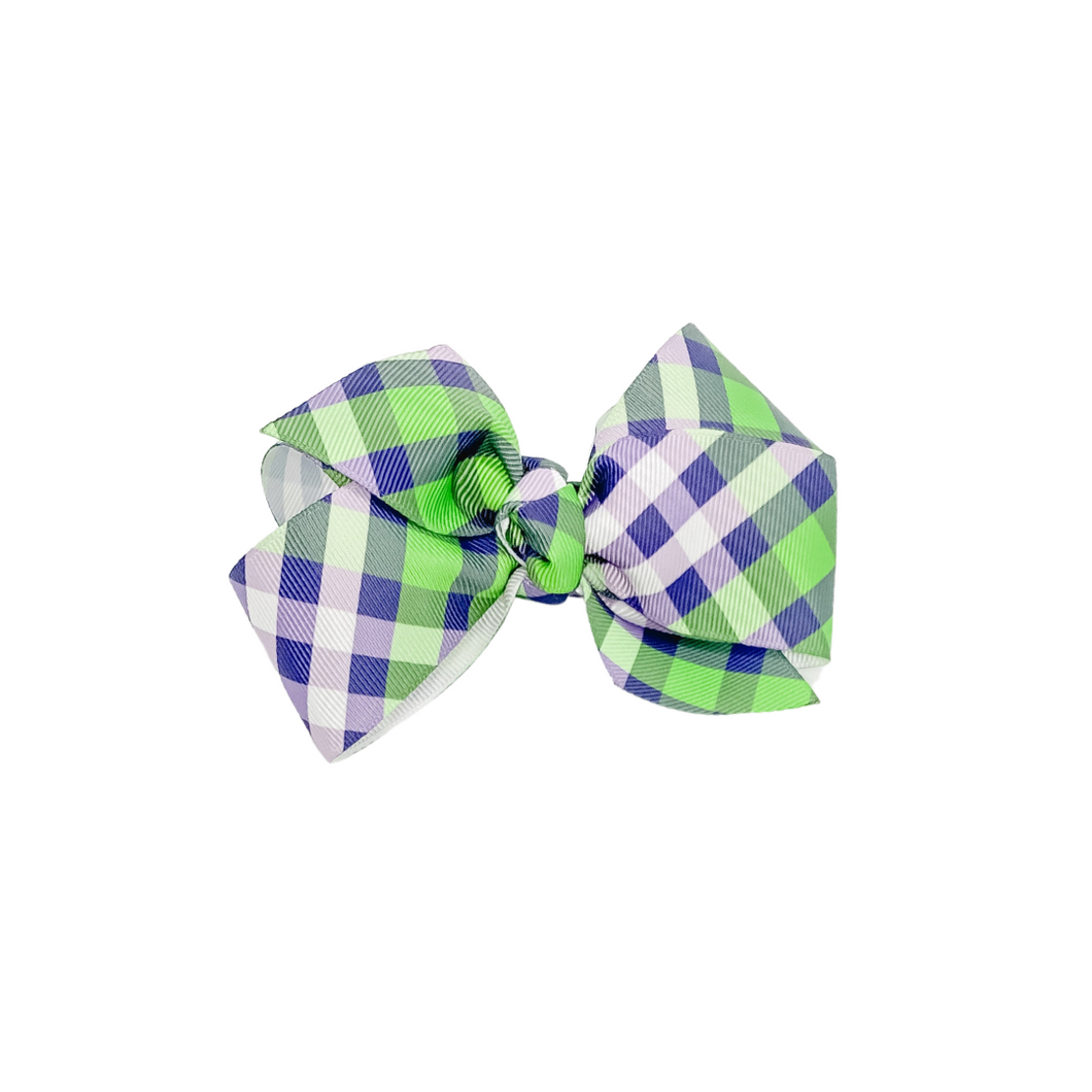 Green and blue plaid  1.5 in Grosgrain Hairbow (Look for matching bandana in custom collection) Made with an  Alligator  Hairclip or elastic headband