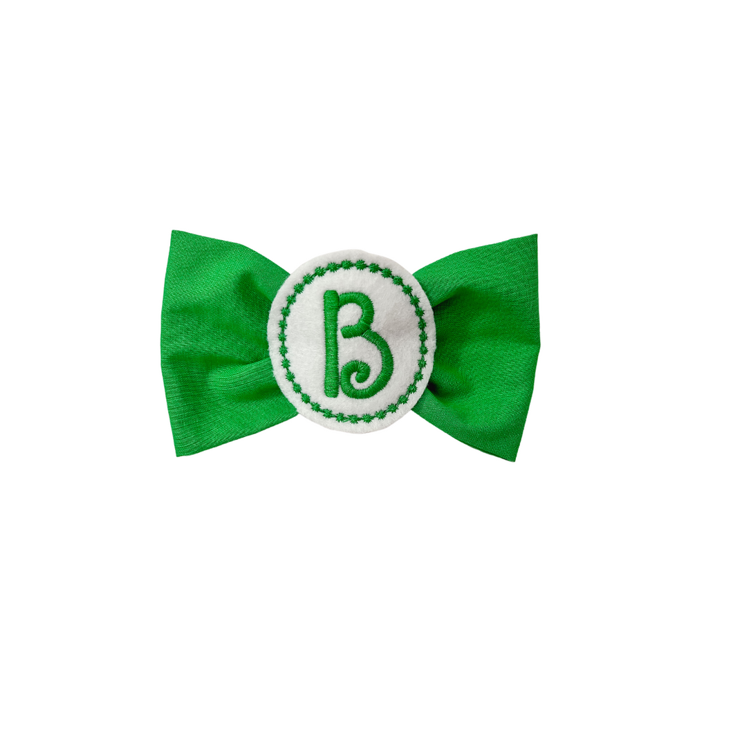 Green Embroidered Circle Letter Bow Tie made with Alligator hair clip, over the collar or elastic headband
