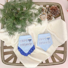 Load image into Gallery viewer, Happy Hanukkah ruffle dog bandana with soft macrame cord tie closure available with or without ribbon ruffle trim (Look for matching hair bow)
