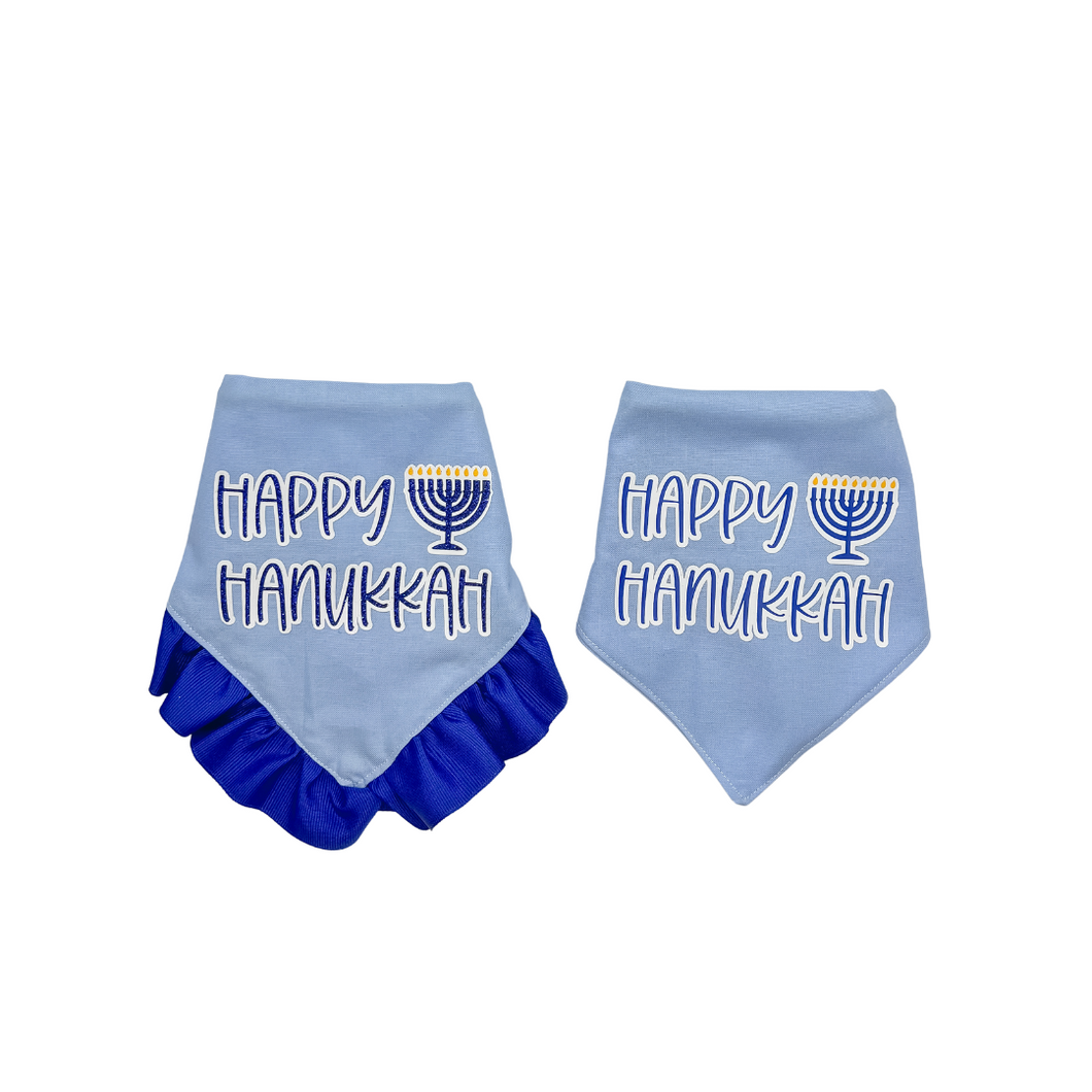 Happy Hanukkah ruffle dog bandana with soft macrame cord tie closure available with or without ribbon ruffle trim (Look for matching hair bow)