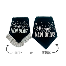 Load image into Gallery viewer, Happy New Year silver Glitter ruffle dog bandana with soft macrame cord tie closure available with or without ribbon ruffle trim (Look for matching hair bow)
