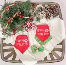 Load image into Gallery viewer, Happy Pawlidays Red and Green 1.5 in Grosgrain Hair bow  Made with an Alligator Hair clip or elastic headband
