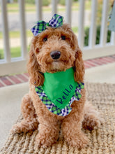 Load image into Gallery viewer, Green and Navy Plaid Ruffle Bandana with Soft Macrame Cord Tie Closure and Optional Matching Hairbow
