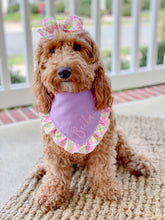 Load image into Gallery viewer, Purple and Yellow Plaid Ruffle Bandana with Soft Macrame Cord Tie Closure and Optional Matching Hairbow
