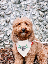 Load image into Gallery viewer, Lowcountry Oyster machine embroidered dog bandana with soft macrame cord tie closure
