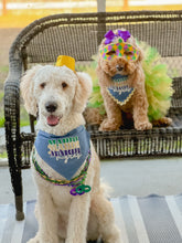 Load image into Gallery viewer, Mardi Gras dog bandana with soft macrame cord tie closure available with or without ribbon ruffle trim (Look for matching hair bow)

