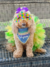Load image into Gallery viewer, Mardi Gras dog bandana with soft macrame cord tie closure available with or without ribbon ruffle trim (Look for matching hair bow)
