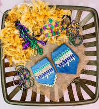 Load image into Gallery viewer, Mardi Gras dog bandana with soft macrame cord tie closure available with or without ribbon ruffle trim (Look for matching hair bow)
