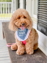 Load image into Gallery viewer, Daddy&#39;s Girl/Boy dog bandana with soft macrame cord tie closure available with or without eyelet lace trim
