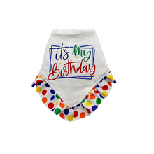 Load image into Gallery viewer, It&#39;s my birthday dog bandana with soft macrame cord tie closure (look for matching hair bow)
