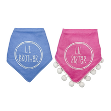 Load image into Gallery viewer, Lil Brother/ Lil Sister Circle Design dog bandana with soft macrame cord tie closure. Available with optional pom trim
