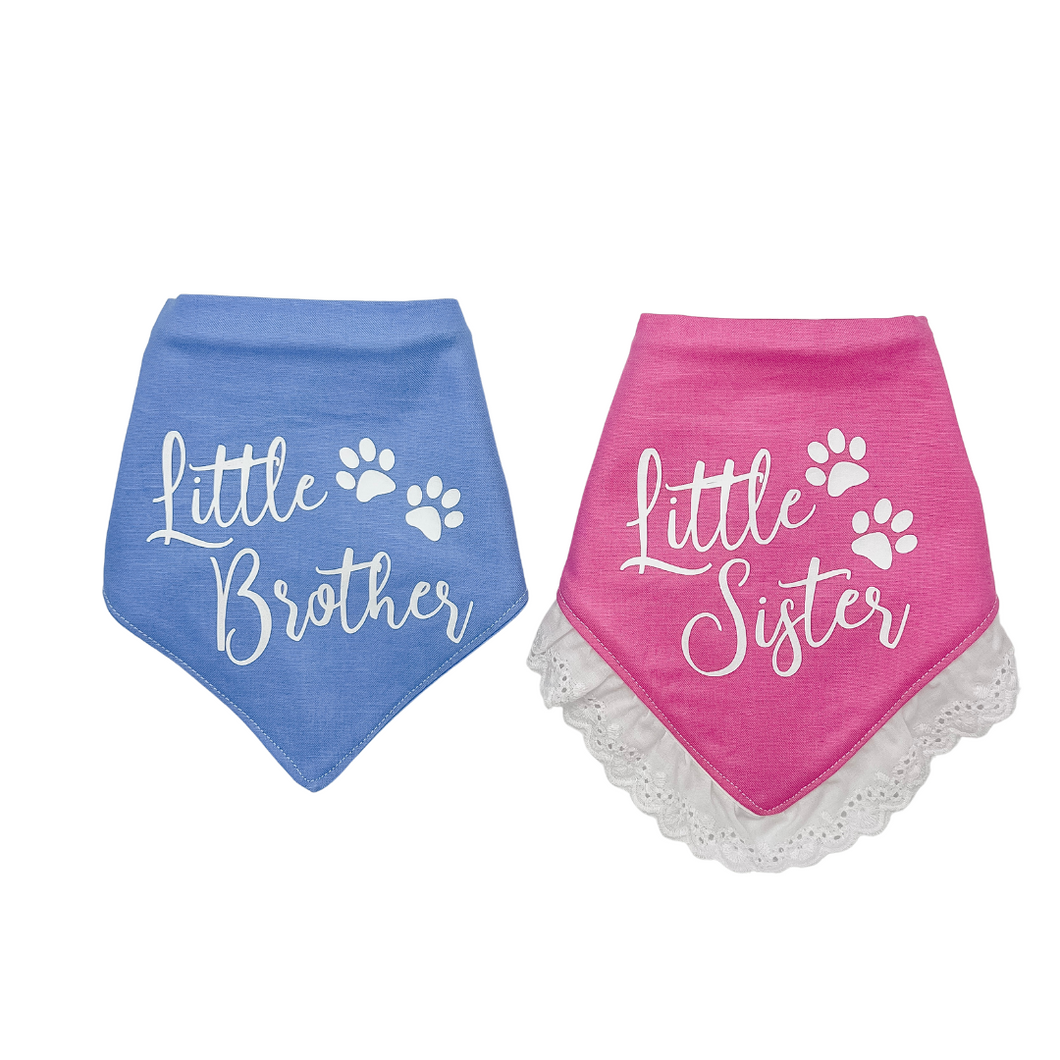 Lil Brother/ Lil Sister Cursive Design dog bandana with soft macrame cord tie closure. Available with optional eyelet lace trim