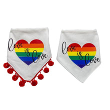 Load image into Gallery viewer, Love is Love Rainbow Heart Dog Bandana with soft macrame cord tie closure available with or without trim
