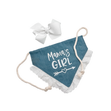 Load image into Gallery viewer, Mama&#39;s girl/boy dog bandana with soft macrame cord tie closure
