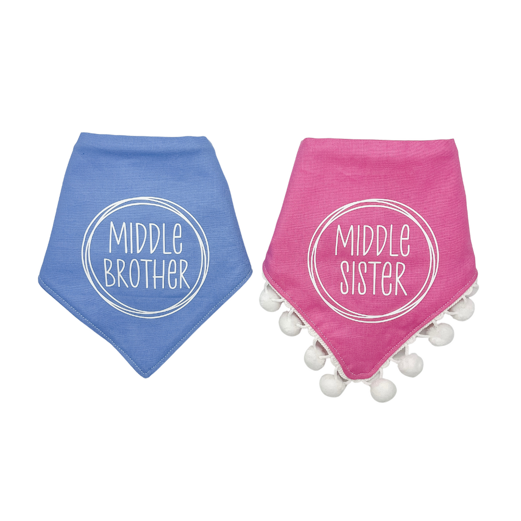 Middle Brother/ Middle Sister Circle Design dog bandana with soft macrame cord tie closure. Available with optional pom trim