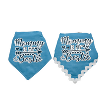 Load image into Gallery viewer, Mommy is my Bestie blue dog bandana with soft macrame cord tie closure available with or without trim

