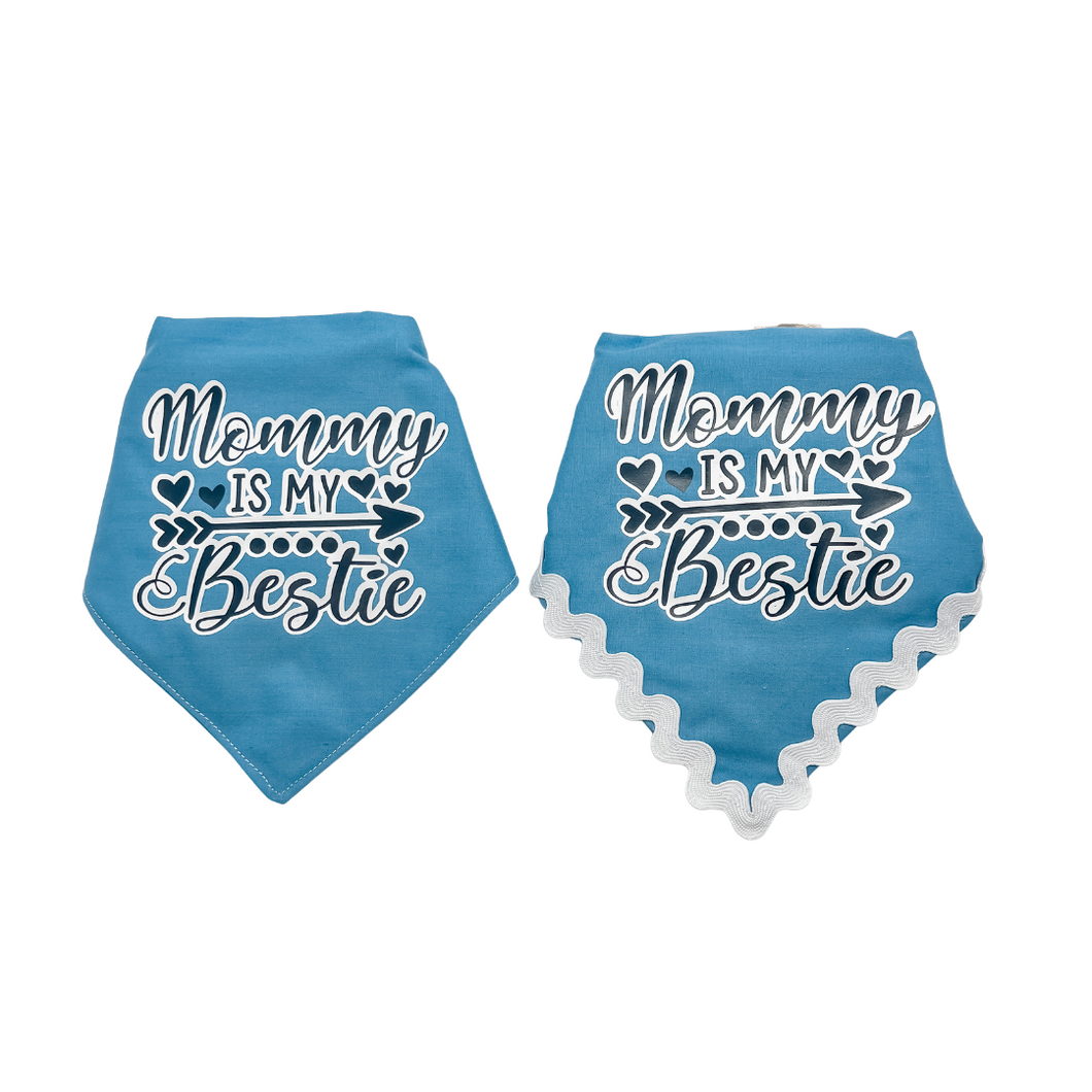 Mommy is my Bestie blue dog bandana with soft macrame cord tie closure available with or without trim