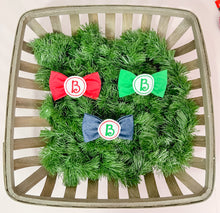 Load image into Gallery viewer, Green Embroidered Circle Letter Bow Tie made with Alligator hair clip, over the collar or elastic headband
