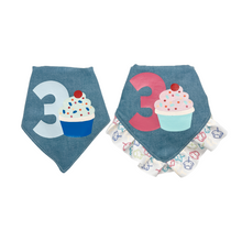 Load image into Gallery viewer, Number Cupcake dog bandana with soft macrame cord tie closure available with or without cupcake ribbon ruffle (look for matching bow)
