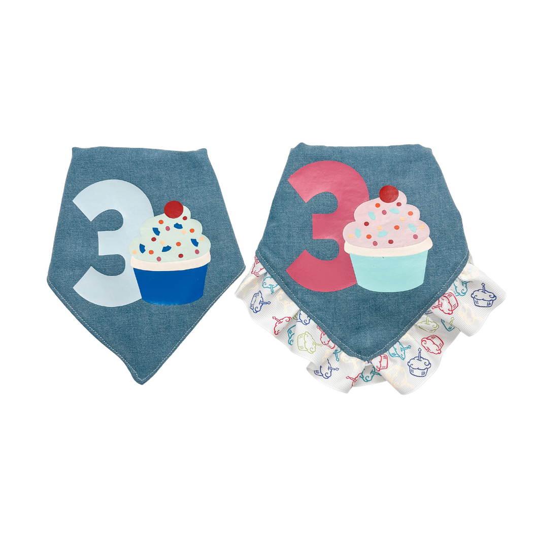 Number Cupcake dog bandana with soft macrame cord tie closure available with or without cupcake ribbon ruffle (look for matching bow)