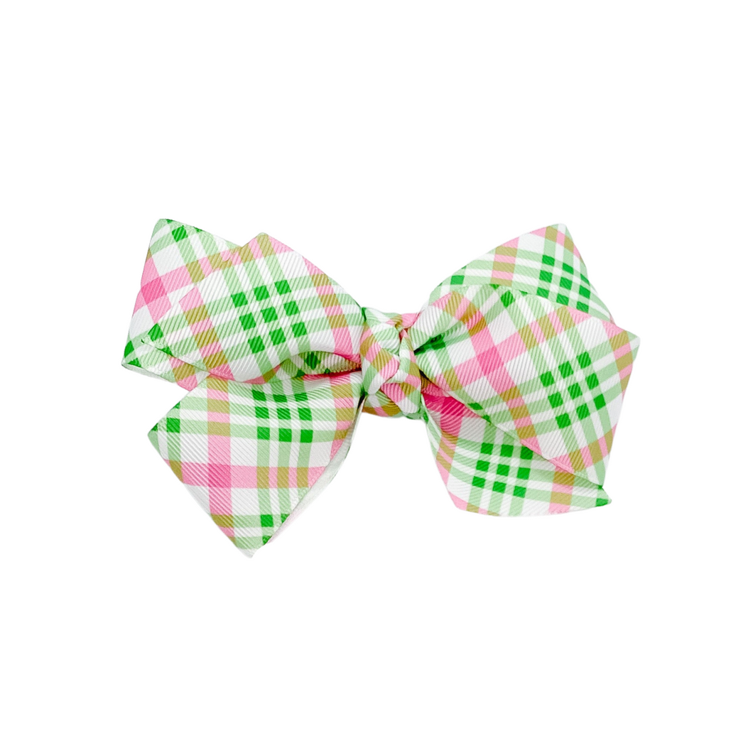 Pink and Green Plaid  1.5 in Grosgrain Hairbow  Made with an  Alligator  Hairclip or elastic headband