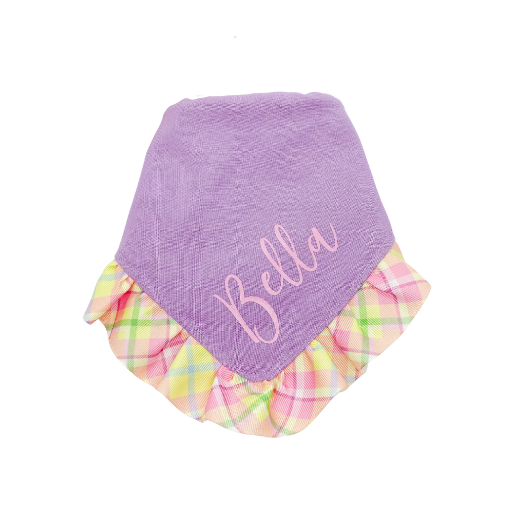 Purple and Yellow Plaid Ruffle Bandana with Soft Macrame Cord Tie Closure and Optional Matching Hairbow
