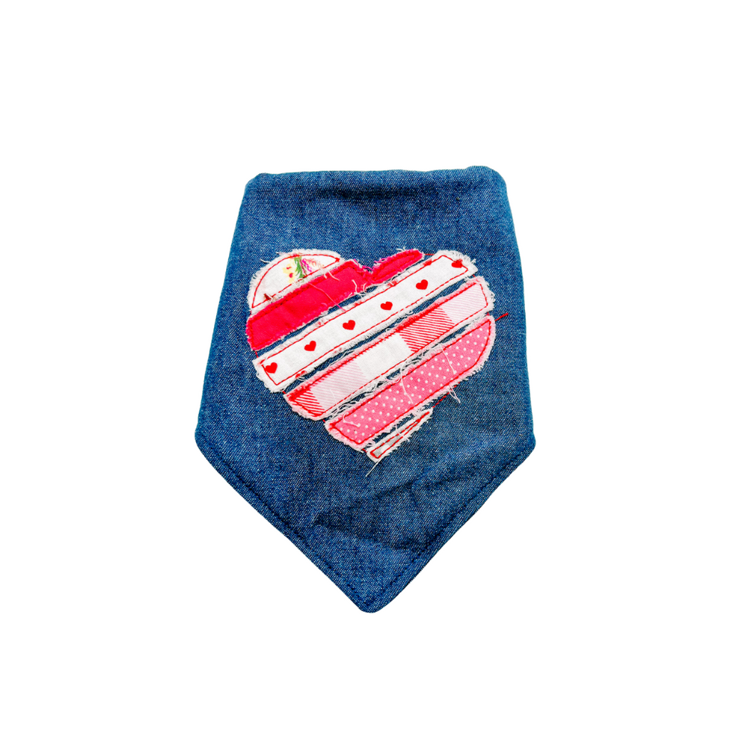 Raggy Heart applique dog bandana with soft macrame cord tie closure