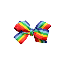Load image into Gallery viewer, Rainbow Stripe 1.5in Grosgrain Hair bow  Made with an alligator Hair clip or elastic headband
