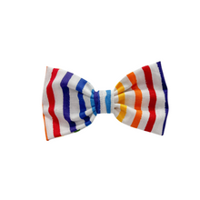 Load image into Gallery viewer, Rainbow Stripe Bow Tie made with Alligator hair clip, over the collar or elastic headband
