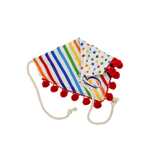 Load image into Gallery viewer, Reversible rainbow stripe and polka dot dog bandana with soft macrame cord tie closure available with optional pom trim. FREE PERSONALIZATION (Look for matching hair bow)
