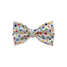 Load image into Gallery viewer, Rainbow Dot Bow Tie made with Alligator hair clip, over the collar or elastic headband
