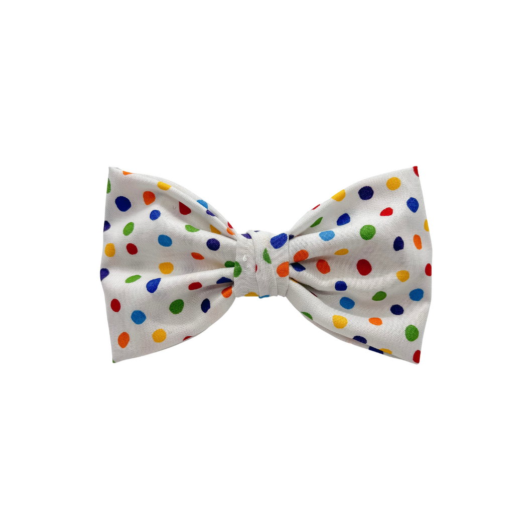 Rainbow Dot Bow Tie made with Alligator hair clip, over the collar or elastic headband