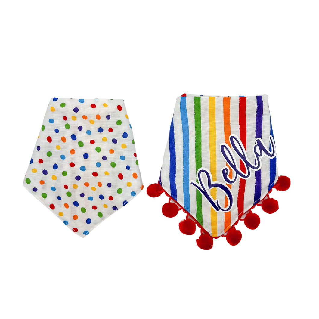 Reversible rainbow stripe and polka dot dog bandana with soft macrame cord tie closure available with optional pom trim. FREE PERSONALIZATION (Look for matching hair bow)