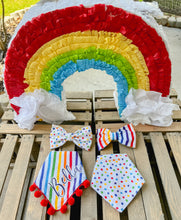 Load image into Gallery viewer, Reversible rainbow stripe and polka dot dog bandana with soft macrame cord tie closure available with optional pom trim. FREE PERSONALIZATION (Look for matching hair bow)
