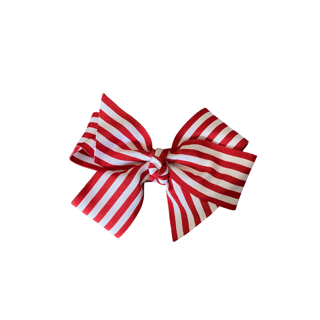 Red and White Stripe 1.5 in Grosgrain Hairbow  Made with an  Alligator  Hairclip or elastic headband