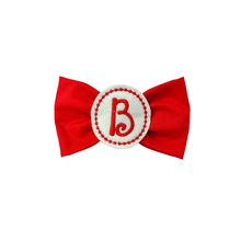 Load image into Gallery viewer, Red Embroidered Circle Letter Bow Tie made with Alligator hair clip, over the collar or elastic headband
