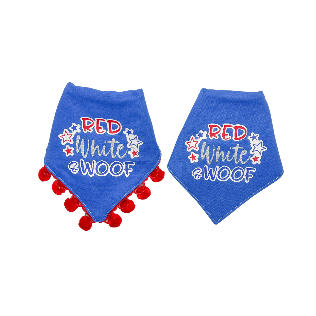 Red, White and Woof dog bandana with soft macrame cord tie closure available with or without pom trim