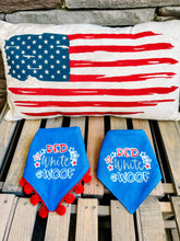 Load image into Gallery viewer, Red, White and Woof dog bandana with soft macrame cord tie closure available with or without pom trim
