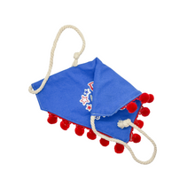 Load image into Gallery viewer, Red, White and Woof dog bandana with soft macrame cord tie closure available with or without pom trim
