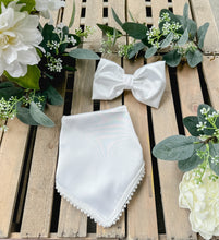 Load image into Gallery viewer, White Satin with Pearl Trim Dog Bandana with soft macrame cord tie closure ( Look for matching bow)
