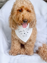 Load image into Gallery viewer, Save the Date Custom Wedding Bandana with soft macrame cord tie closure
