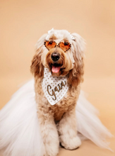 Load image into Gallery viewer, Gold and White Polka Dot Dog Bandana with soft macrame cord tie closure
